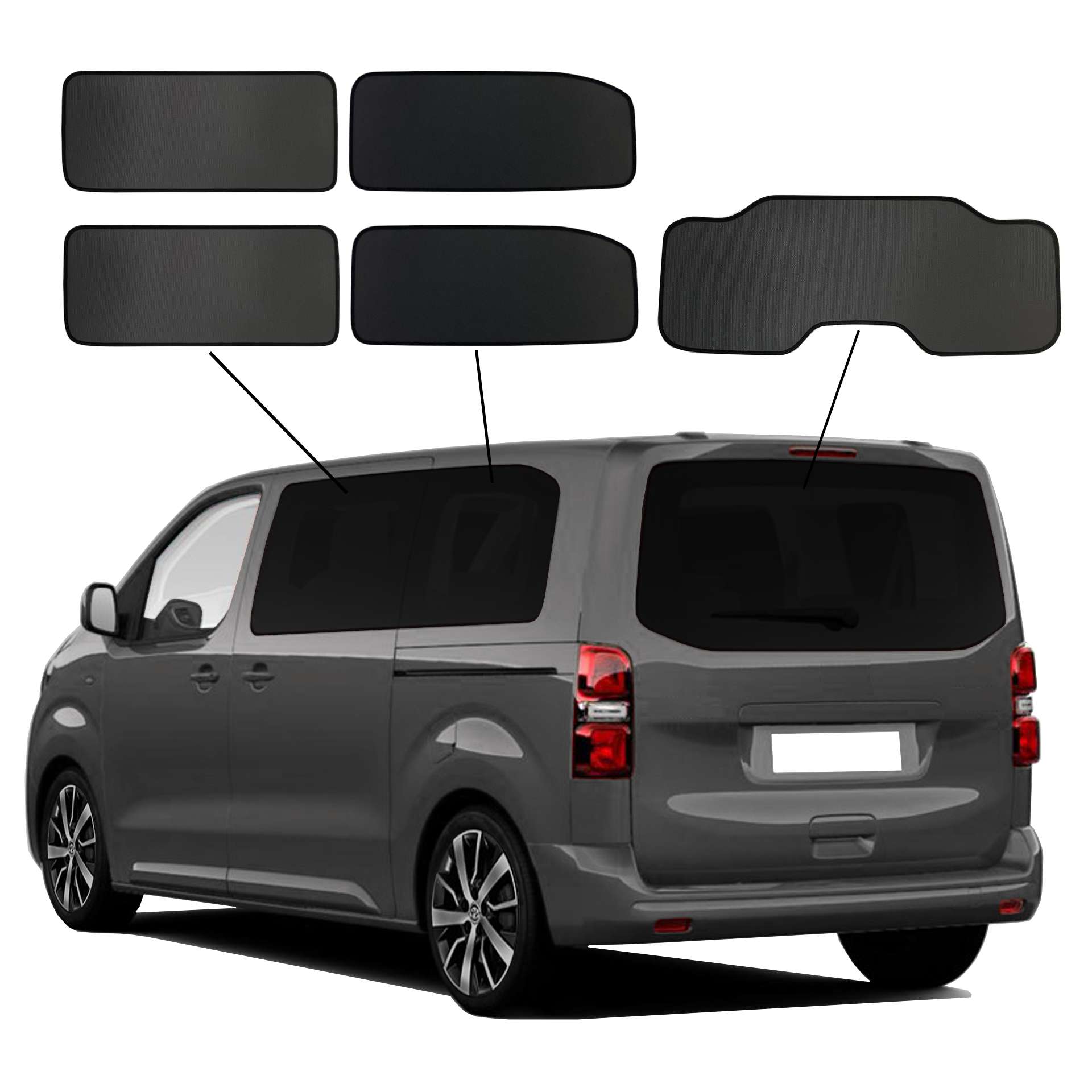 Peugeot Traveller from 2016 onwards SunClip Sun Protection Privacy Protection UV Protection Car Sun Visor Heat Protection Insect Protection Car Window Tinting Anti-Glare Protection ein Peugeot Traveller mit einem ABC Set