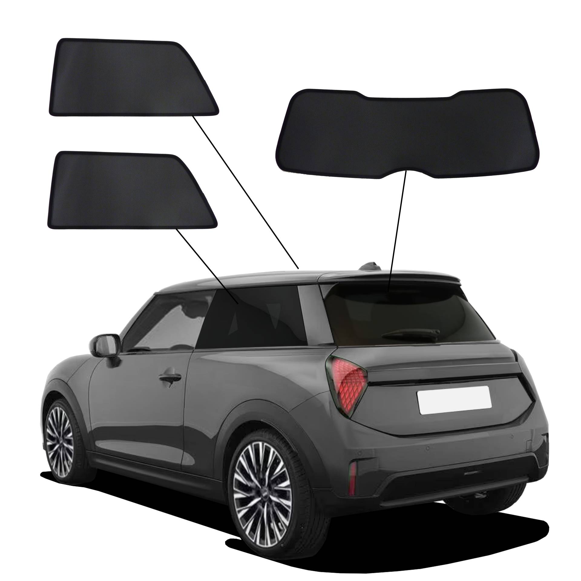 Mini Cooper/One 3-Türer ab 2024 SunClip Sonnenschutz Sichtschutz UV-Schutz Auto Sonnenblende Hitzeschutz Insektenschutz Autoscheibentönung Blendschutz ein Mini Cooper mit einem BC Set