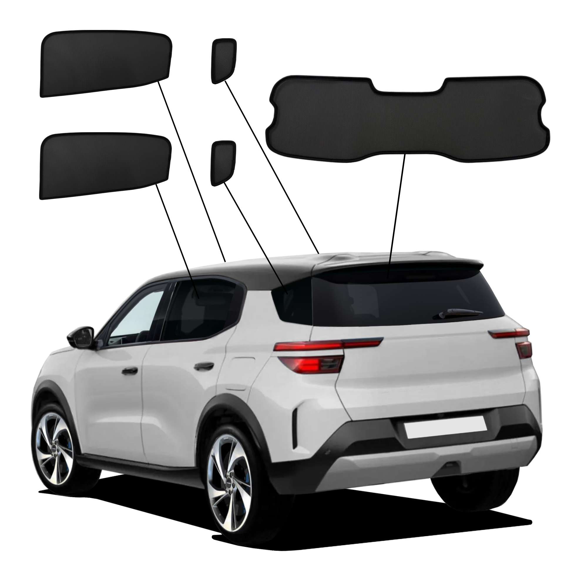 Opel Frontera EV ab 2024 SunClip Sonnenschutz Sichtschutz UV-Schutz Auto Sonnenblende Hitzeschutz Insektenschutz Autoscheibentönung Blendschutz ein Opel Frontera mit einem ABC Set