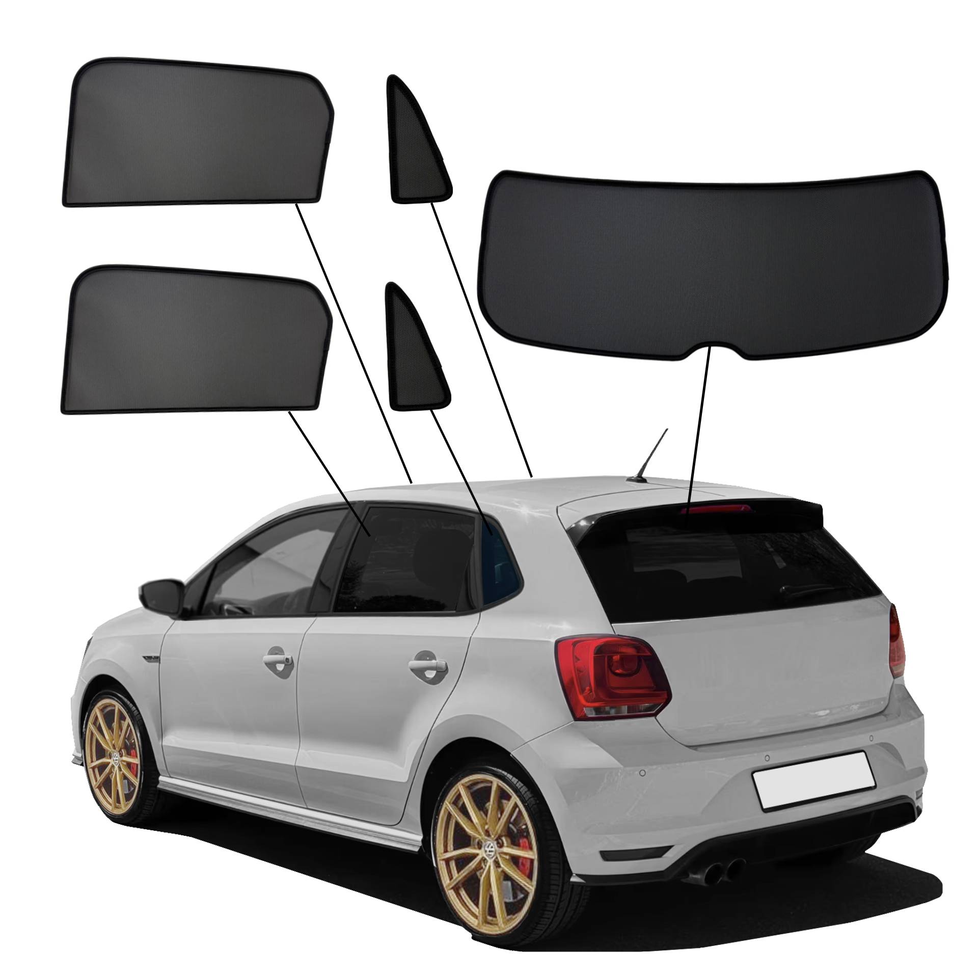 VW Polo 5 2009 bis 2017 SunClip Sonnenschutz Sichtschutz UV-Schutz Auto Sonnenblende Hitzeschutz Insektenschutz Blendschutz Autoscheibentönung ein VW Polo 5 mit einem ABC Set