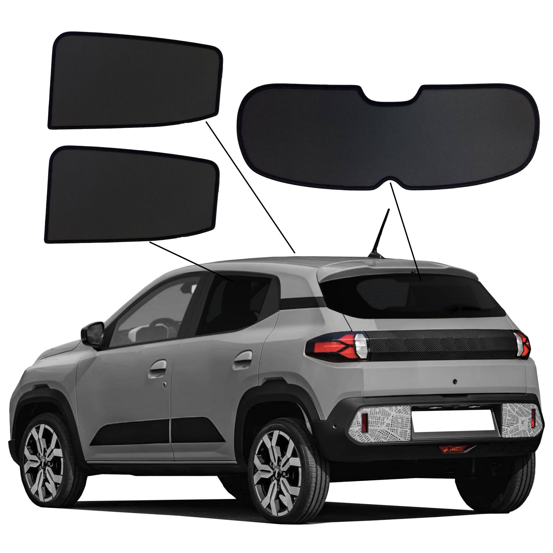 Dacia Spring SunClip Auto Sonnenschutz & Sichtschutz 2024- ein Dacia Spring mit einem AC Set