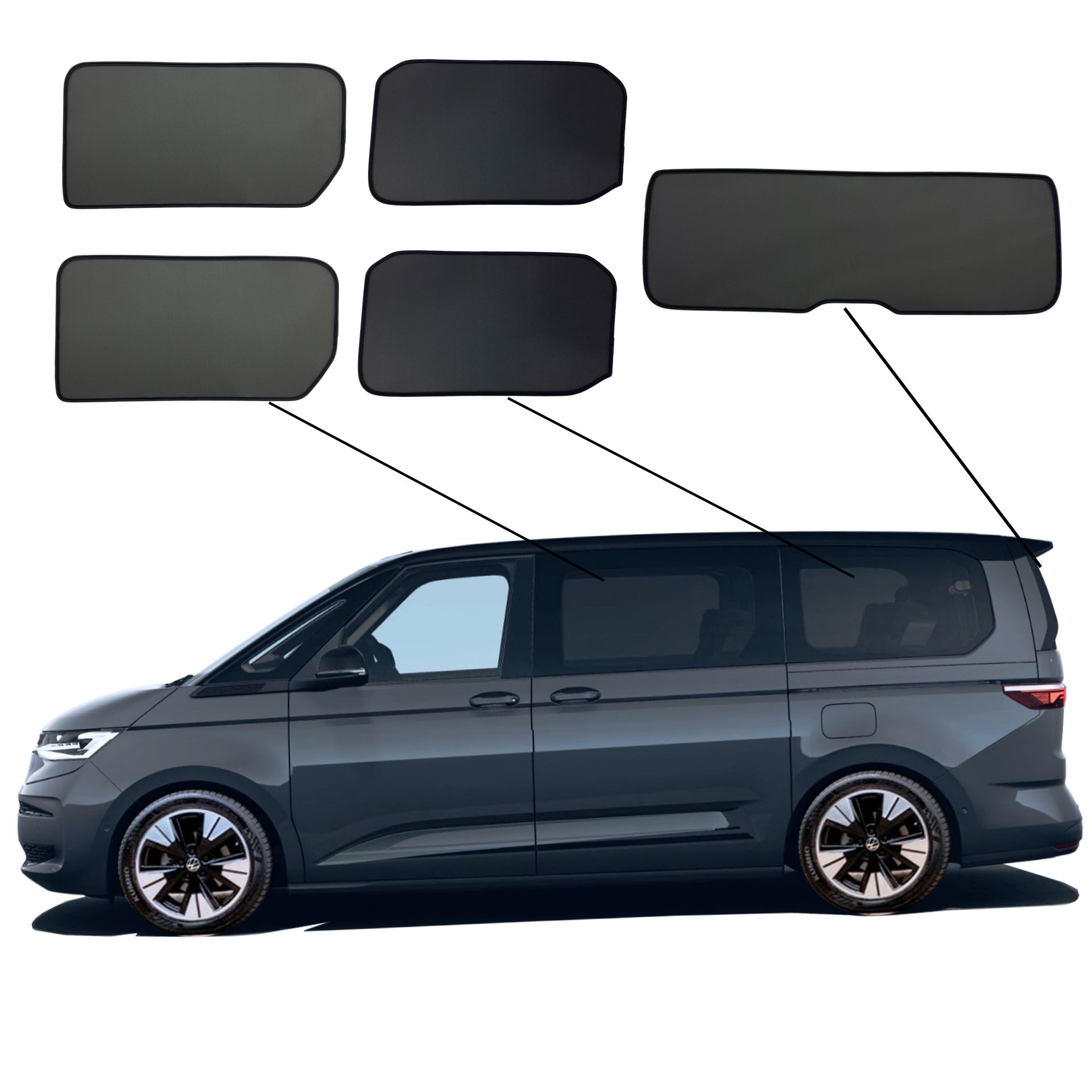 VW T7 lang SunClip Auto Sonnenschutz & Sichtschutz 2021- ein VW T7 mit einem ABC Set