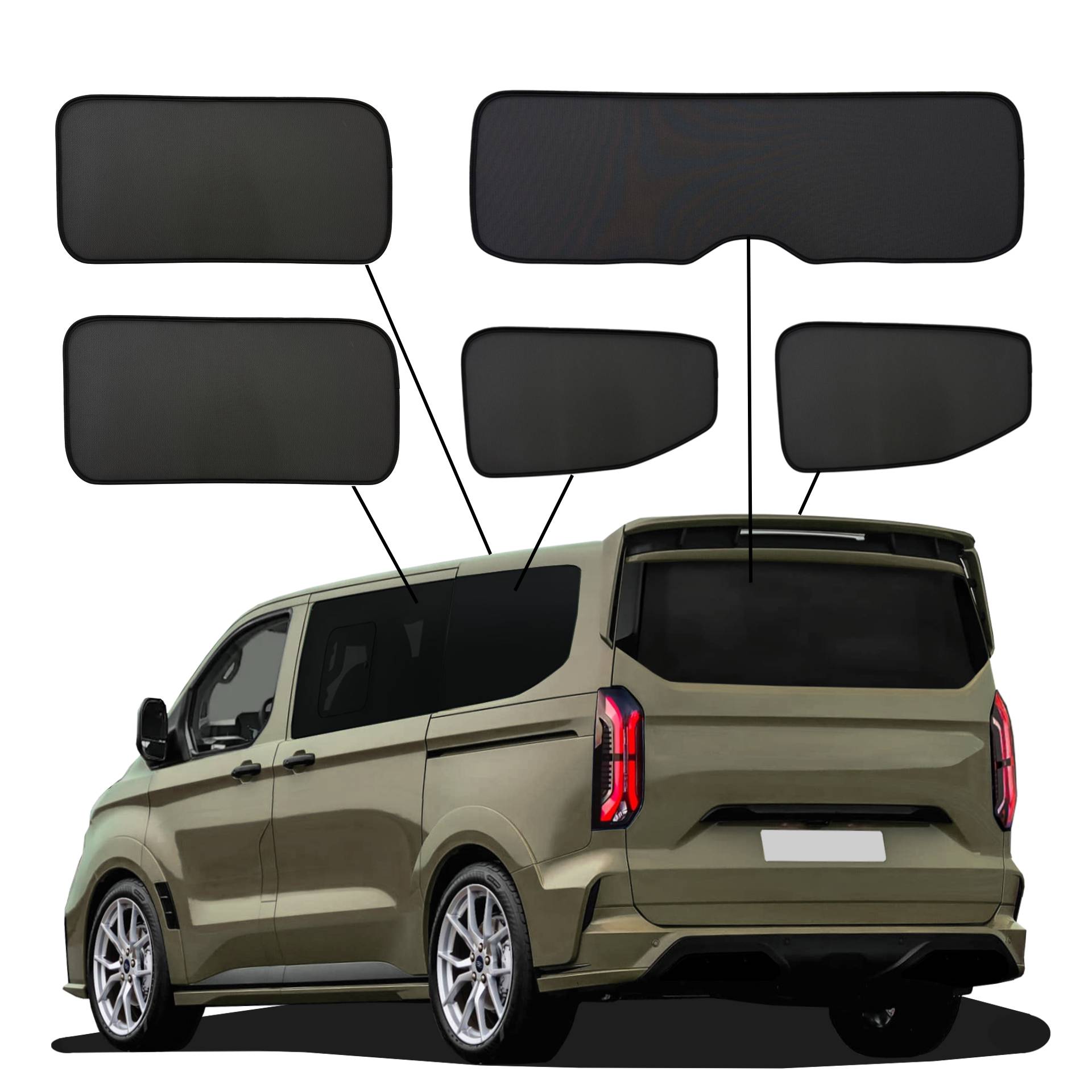 Ford Tourneo Custom L1 Bus ohne Ausstellfenster ab 2024 SunClip Auto Sonnenschutz Sichtschutz UV-Schutz Auto Sonnenblende Hitzeschutz Insektenschutz Autoscheibentönung ein Ford Tourneo Custom mit einem ABC Set
