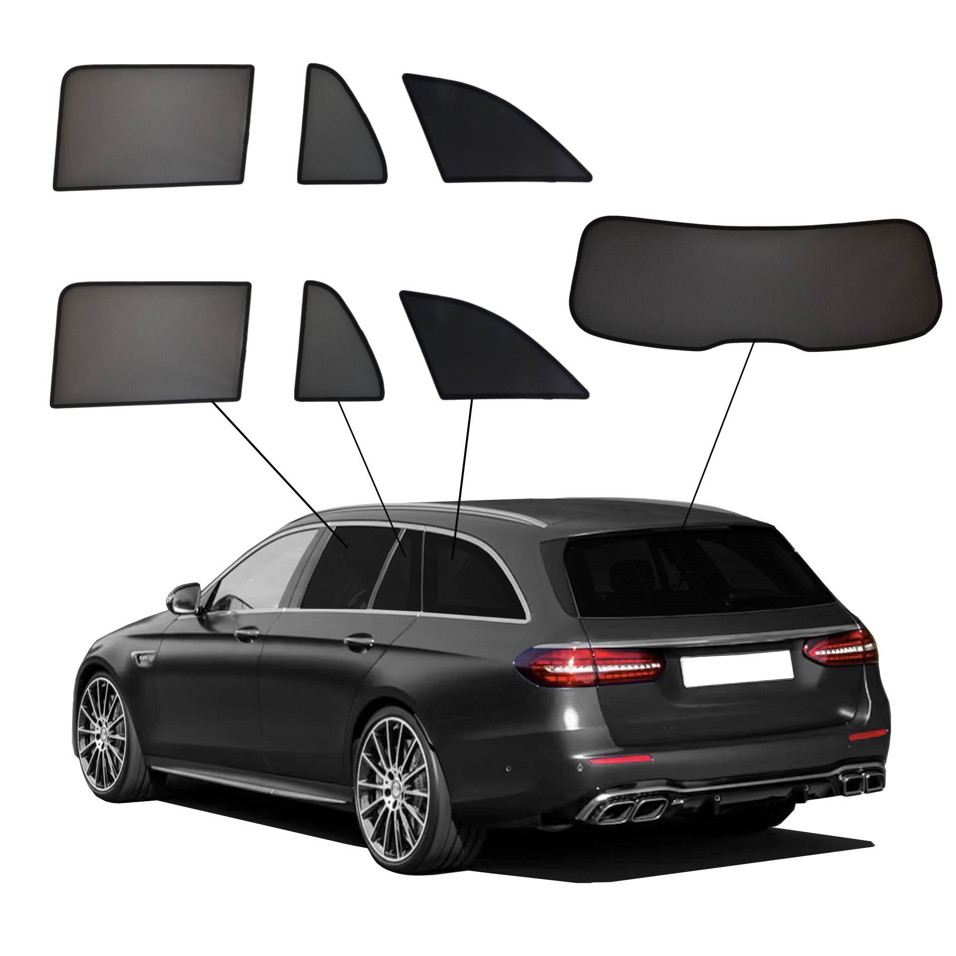 Mercedes E-Klasse T-Modell SunClip Auto Sonnenschutz & Sichtschutz 2016-2023 eine Mercedes E-Klasse T-Modell mit eienm ABC Set