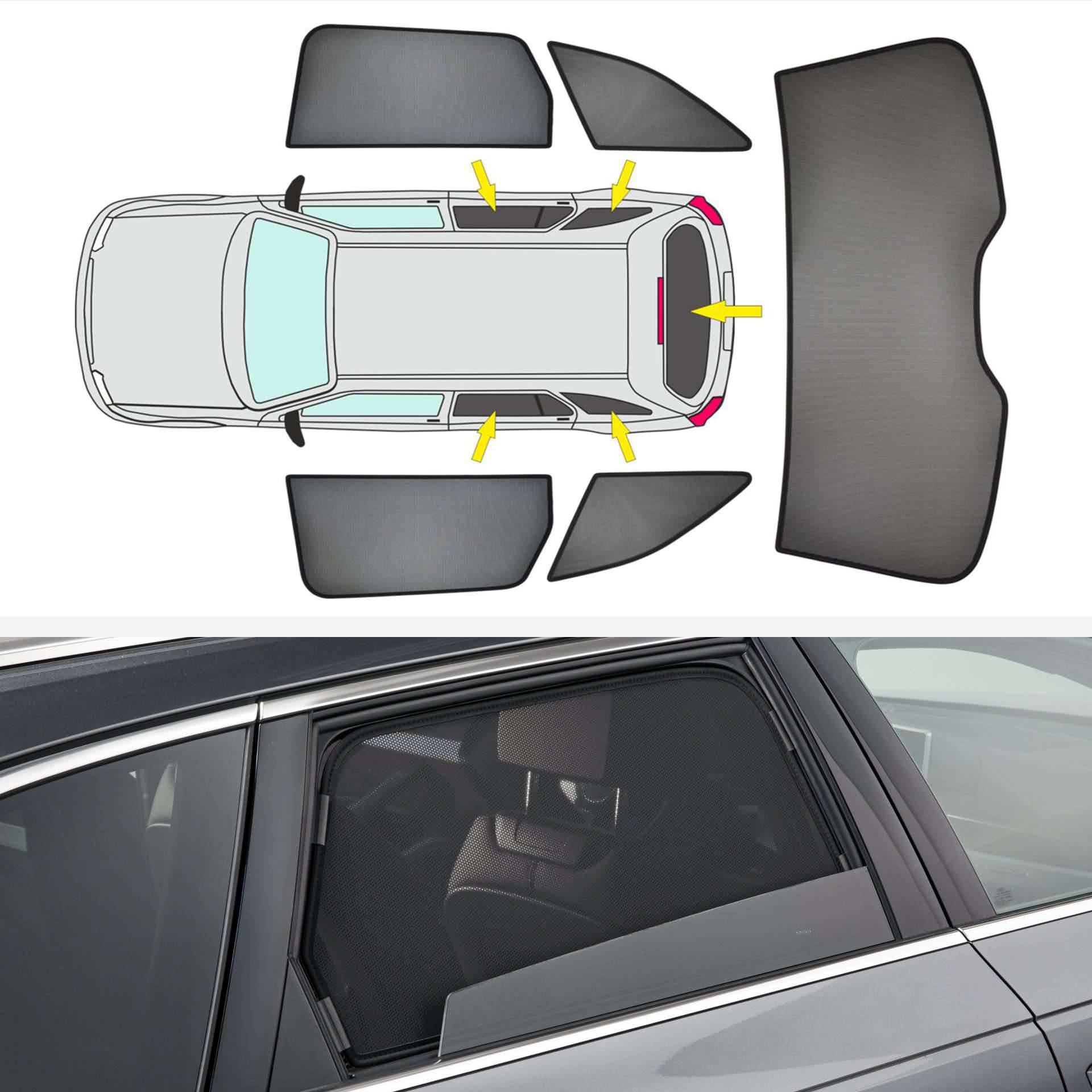 eine Grafik zu einem fünfteiligen SunClip Set am Auto