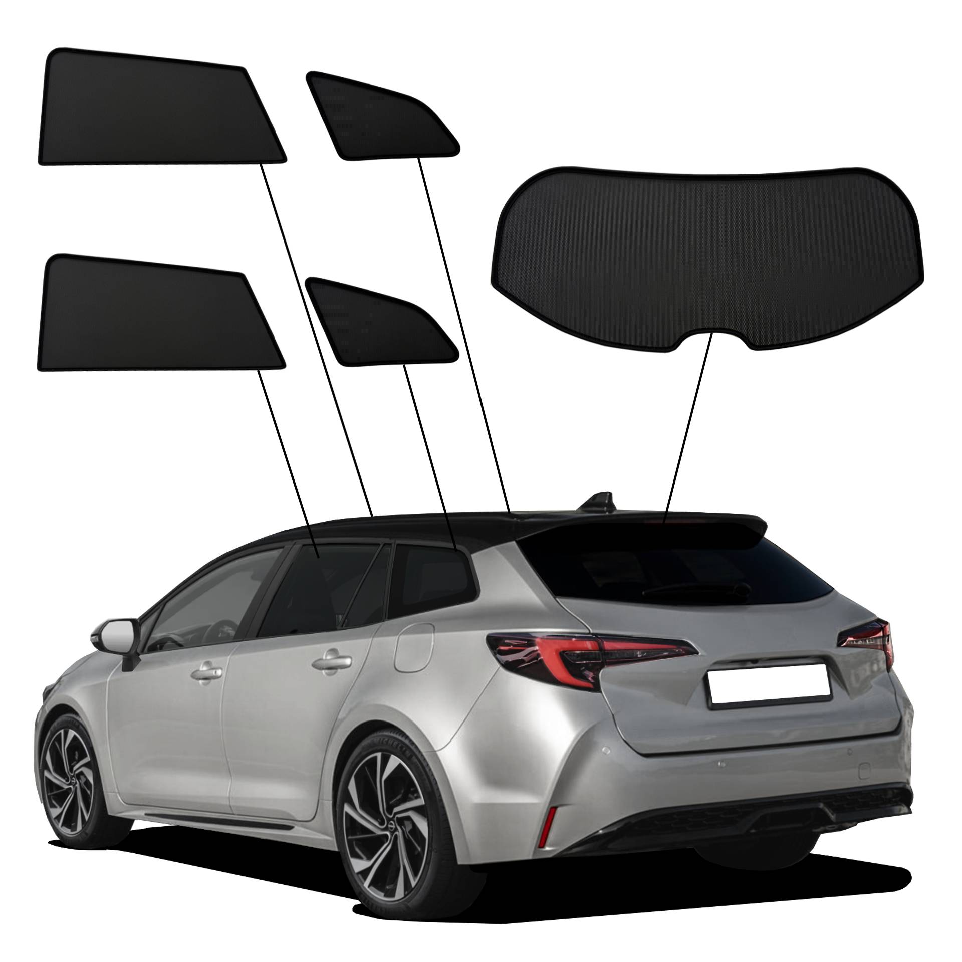 Toyota Corolla Touring Sports from 2019 onwards SunClip Sun Protection Privacy Protection UV Protection Car Sun Visor Heat Protection Insect Protection Car Window Tinting Anti-Glare Protection ein Toyota Corolla Touring Sports mit einem ABC Set