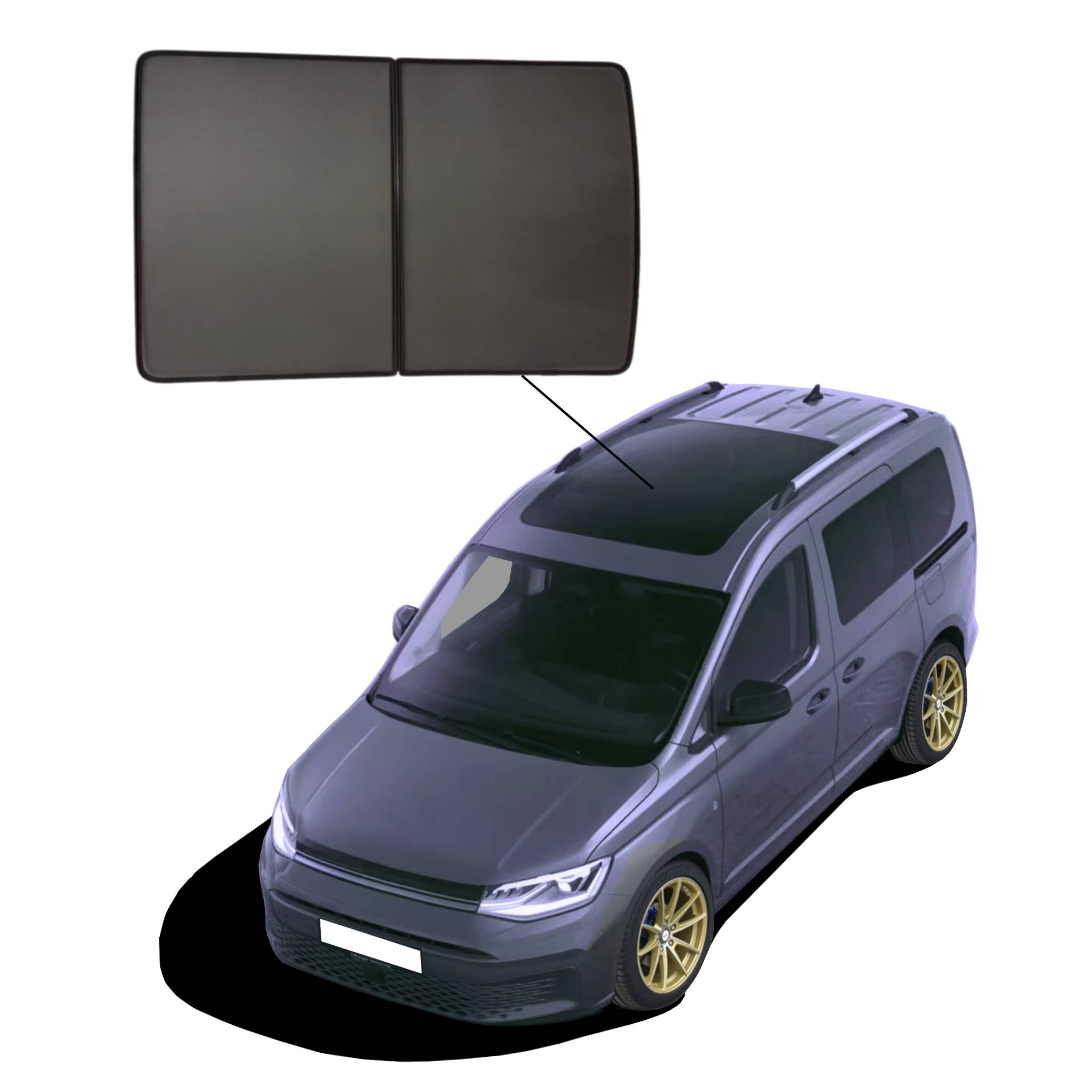 VW Caddy 5 Panoramadach ab 2020 SunClip Auto Sonnenschutz UV-Schutz Sonnenblende Hitzeschutz Autoscheibentönung Lärmdämmung ein VW Caddy 5 mit einem SunClip fürs Panoramadach
