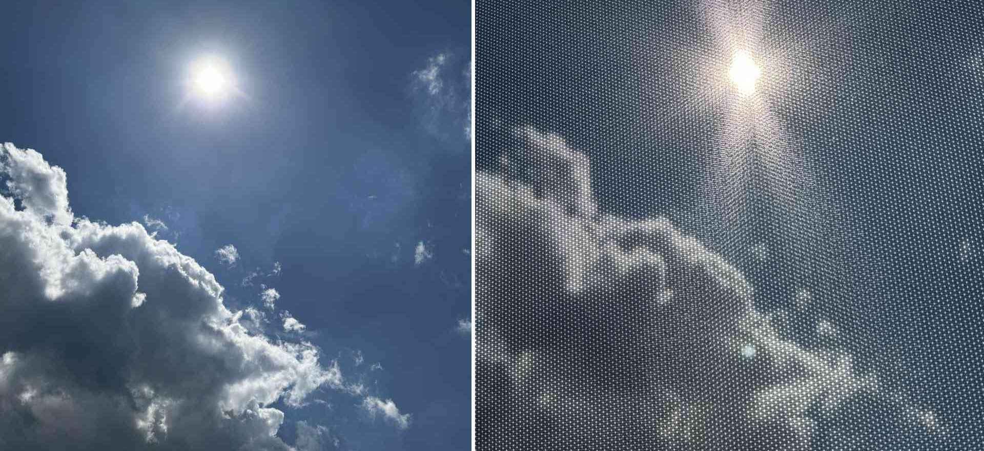 Schutz vor UV Strahlen im Auto zwei Bilder von der Sonne im Vergleich mit und ohne Sonnenschutzelement