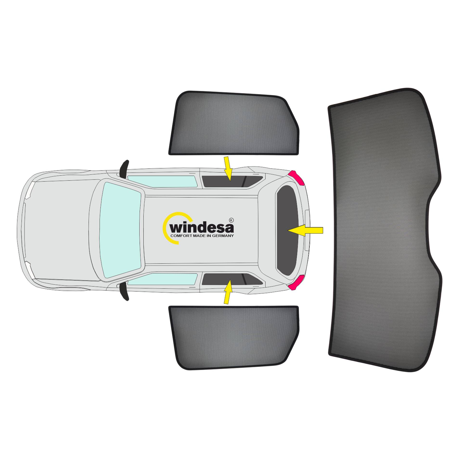 es wird die Position der Sonnenblneden an den vorderen Scheiben und der Heckscheibe gezeigt (AC Set)