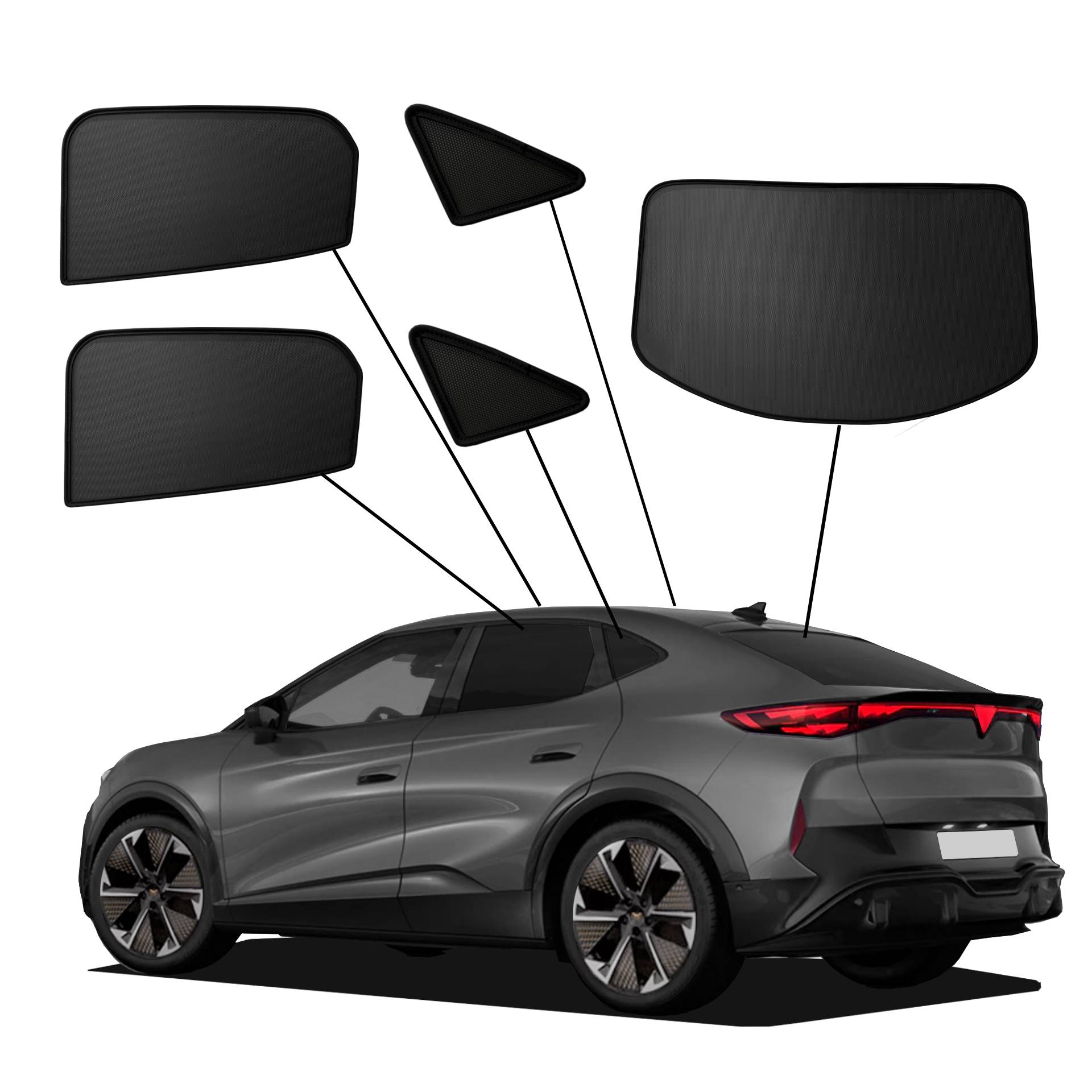 Cupra Tavascan ab 2024 SunClip Sonnenschutz Sichtschutz UV-Schutz Auto Sonnenblende Hitzeschutz Insektenschutz Autoscheibentönung Blendschutz ein Cupra Tavascan mit einem ABC Set