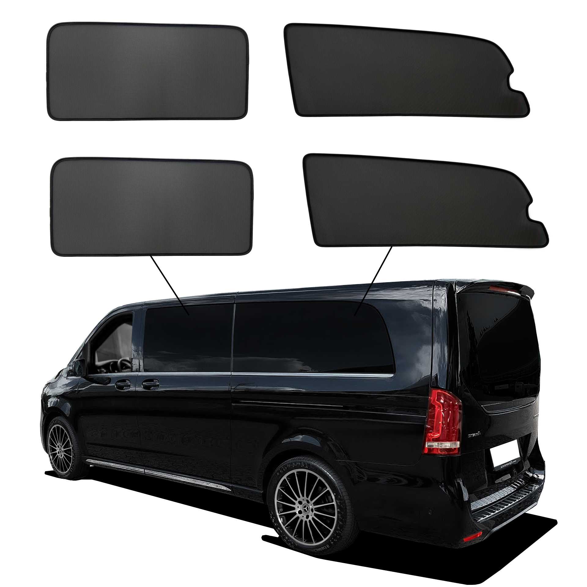 Mercedes EQV extra lang ab 2024 SunClip Sonnenschutz (Seitenscheiben mit Ausstellfenster) Sichtschutz UV-Schutz Auto Sonnenblende Hitzeschutz Insektenschutz Autoscheibentönung Blendschutz eine mercedes v-klasse mit einem AB Set