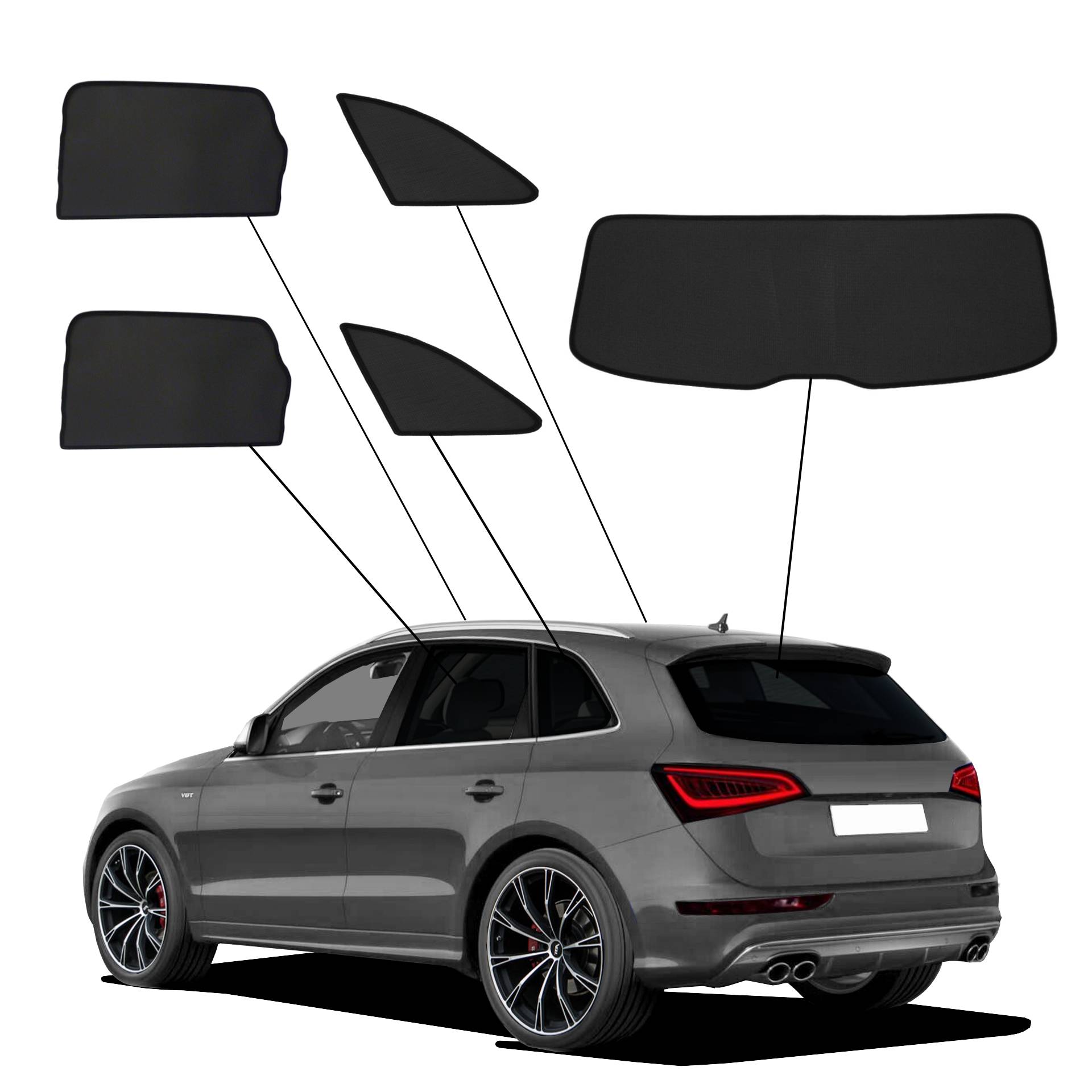 Audi Q5 2008 bis 2017 SunClip Sonnenschutz Sichtschutz UV-Schutz Auto Sonnenblende Hitzeschutz Insektenschutz Autoscheibentönung Blendschutz ein Audi Q5 mit einem ABC Set